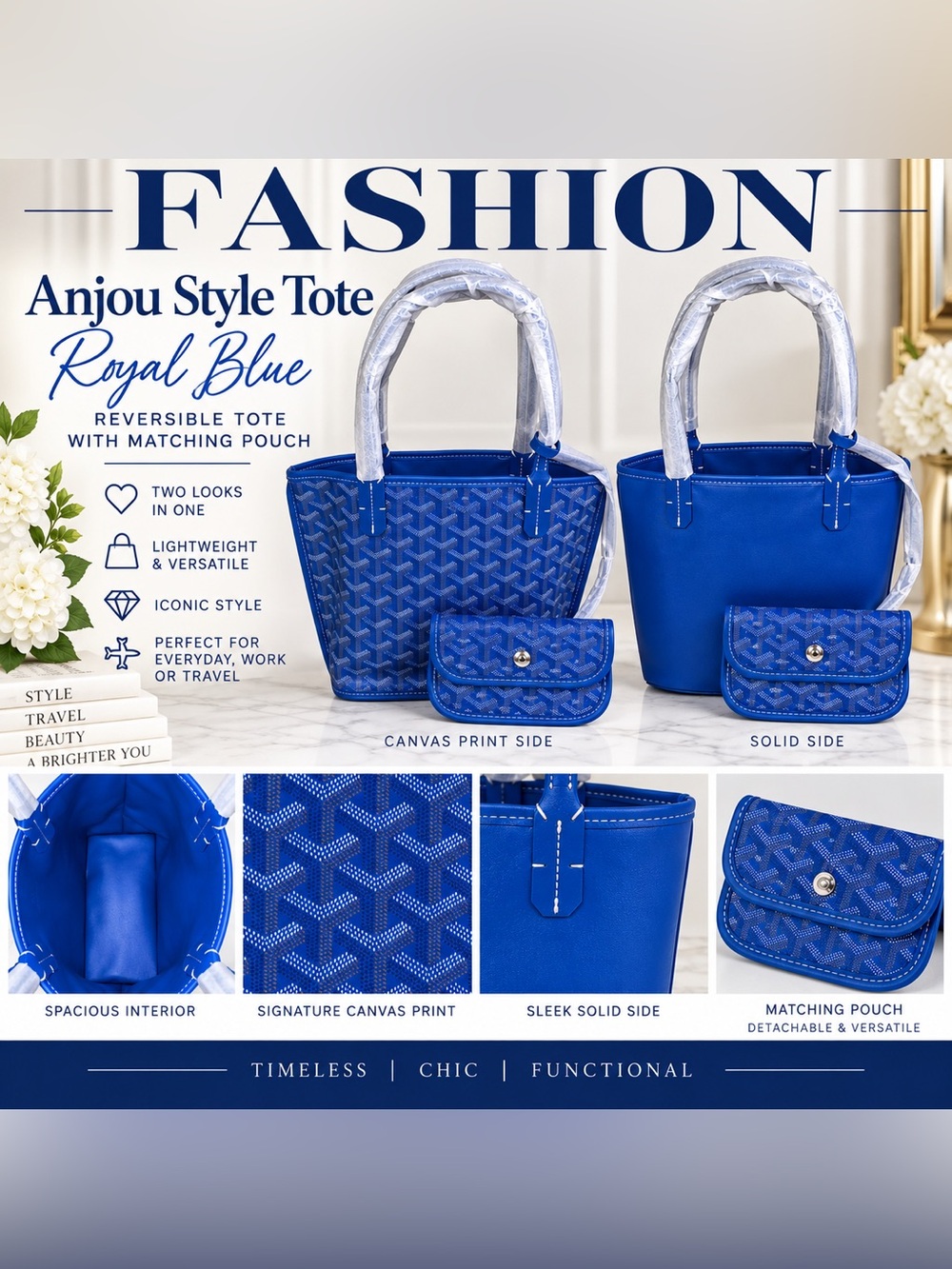 Royal Blue Mini reversible Anjou Tote with Matching Pouch